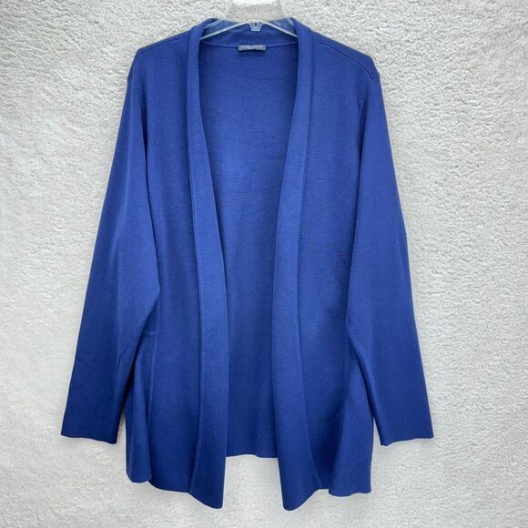 Eileen Fisher Knit Cardigan Womens Large Navy Blue Open Front Long Sleeves - Picture 1 of 8